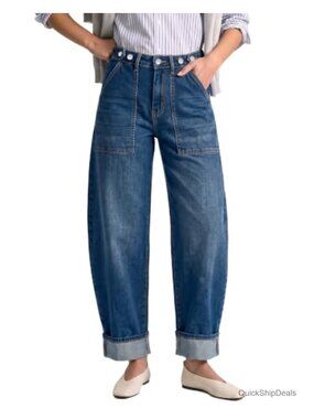 High Waisted Barrel Jeans Women Cinched Cuffed Stretchy Denim Pants